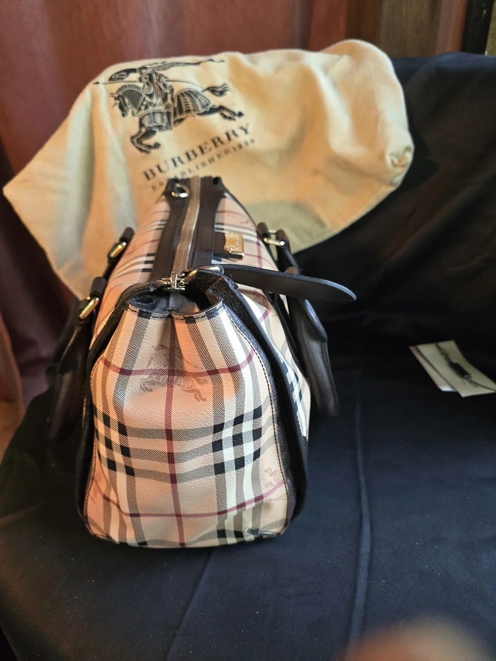 Burberry Beige Black Check Shoulder Bag with Brown Leather Trim